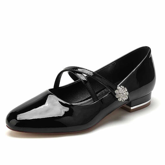 S&DCo. pointed toe patent leather low heels with cross straps and decorative embellishment