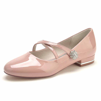 S&DCo. pointed toe patent leather low heels with stylish cross straps and decorative embellishment