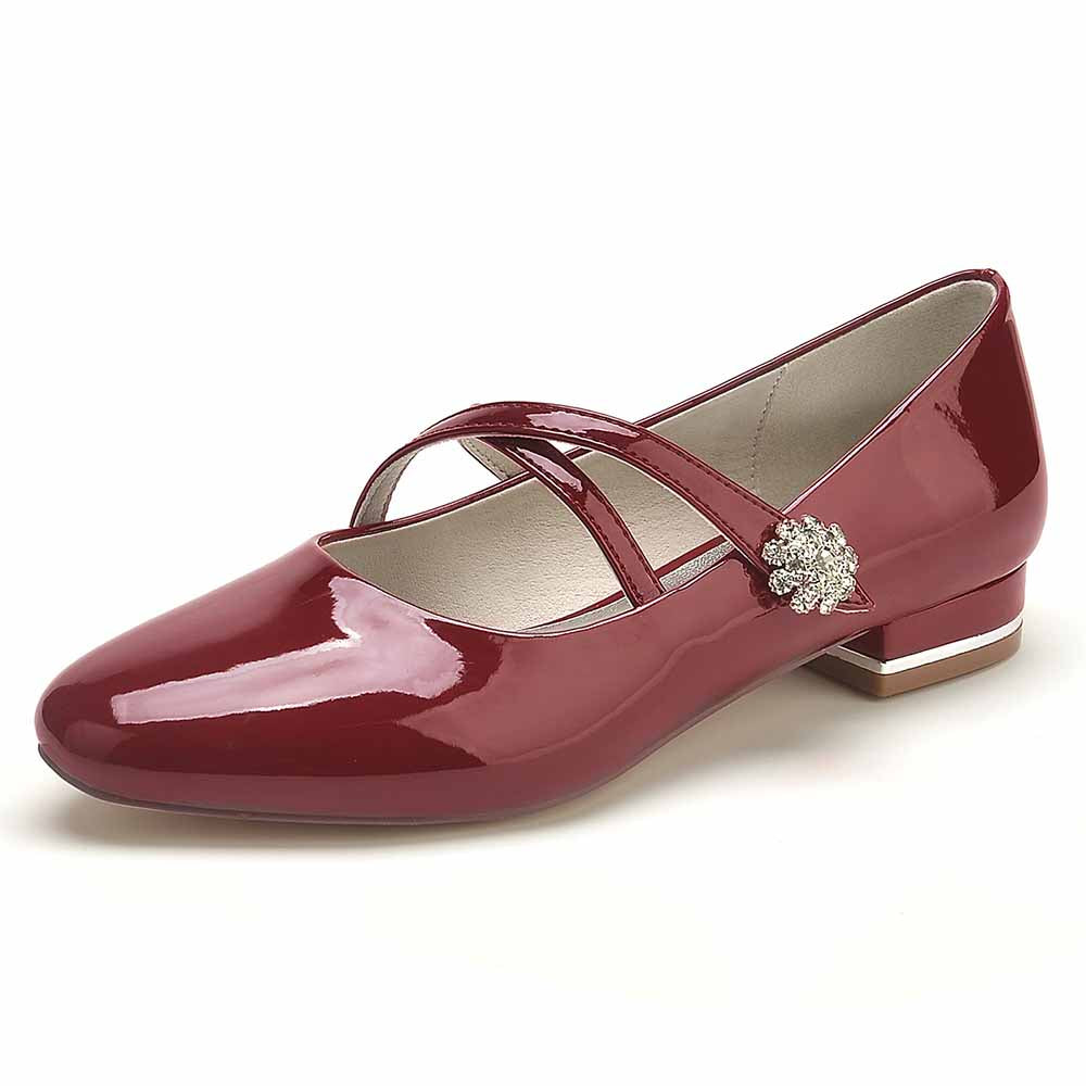 S&DCo. stylish pointed toe patent leather low heels in burgundy with decorative strap