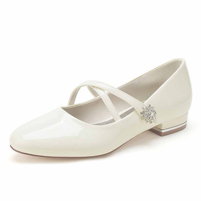 S&DCo. White Pointed Toe Patent Leather Low Heels with Cross Straps for Elegant Comfort