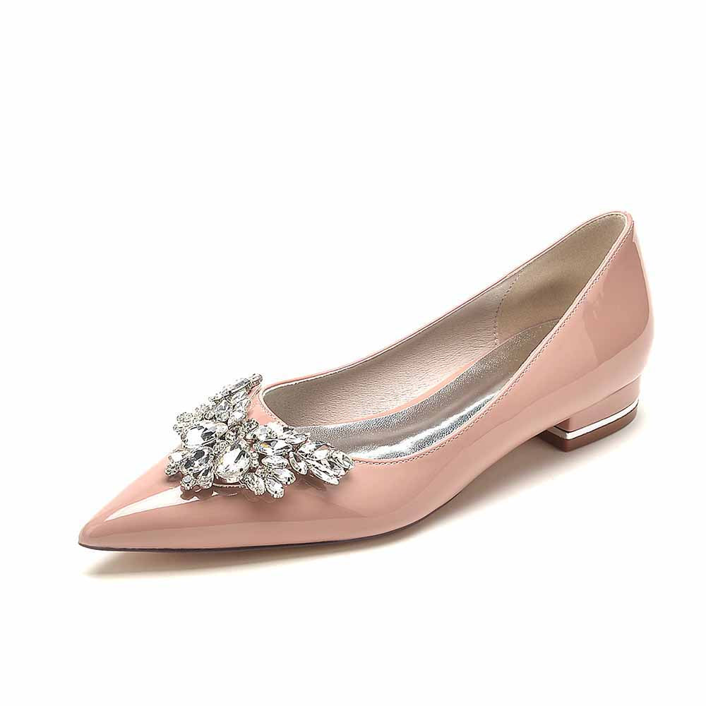 S&DCo. pointed toe rhinestone prom flats in pink with a decorative rhinestone embellishment