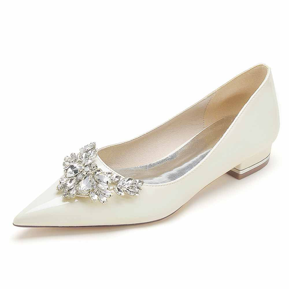 S&DCo. pointed toe rhinestone prom flats in white with decorative crystal embellishment