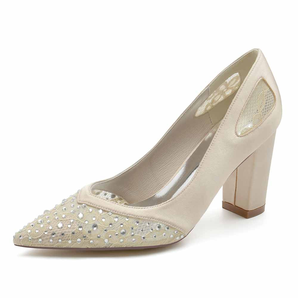 Elegant pointed toe satin wedding shoes with embellished rhinestones for a stunning bridal look