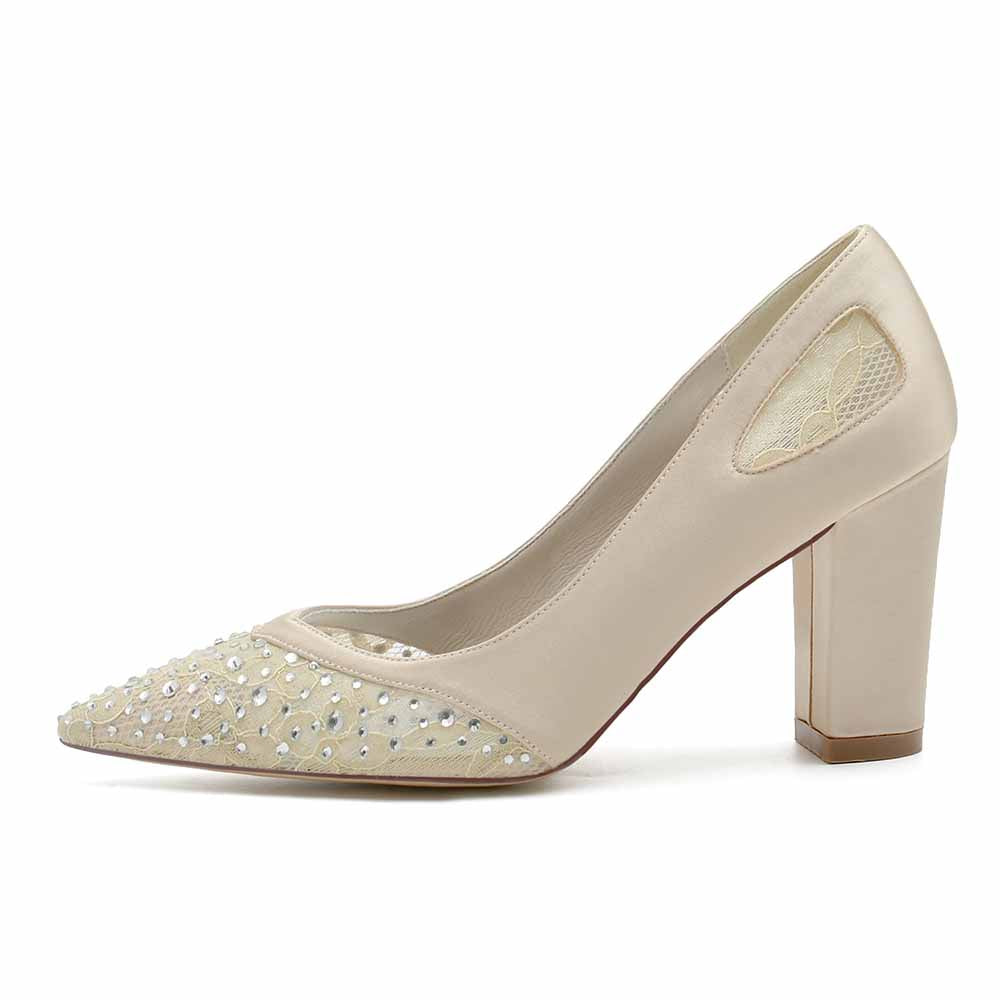 S&DCo. pointed toe satin wedding shoes with embellished front and elegant design for brides