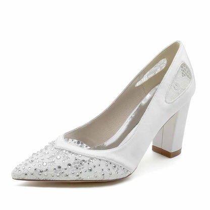 S&DCo. pointed toe satin wedding shoes with rhinestone embellishments and block heels