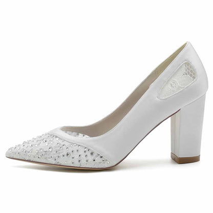 S&DCo. pointed toe satin wedding shoes with embellished design and block heels