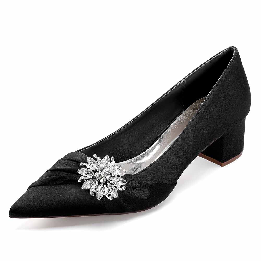 Elegant black pointed toe wedding shoes for bride with a decorative crystal embellishment