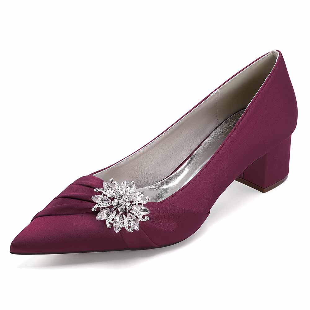 Burgundy pointed toe wedding shoes for bride with jeweled embellishment for elegant bridal style