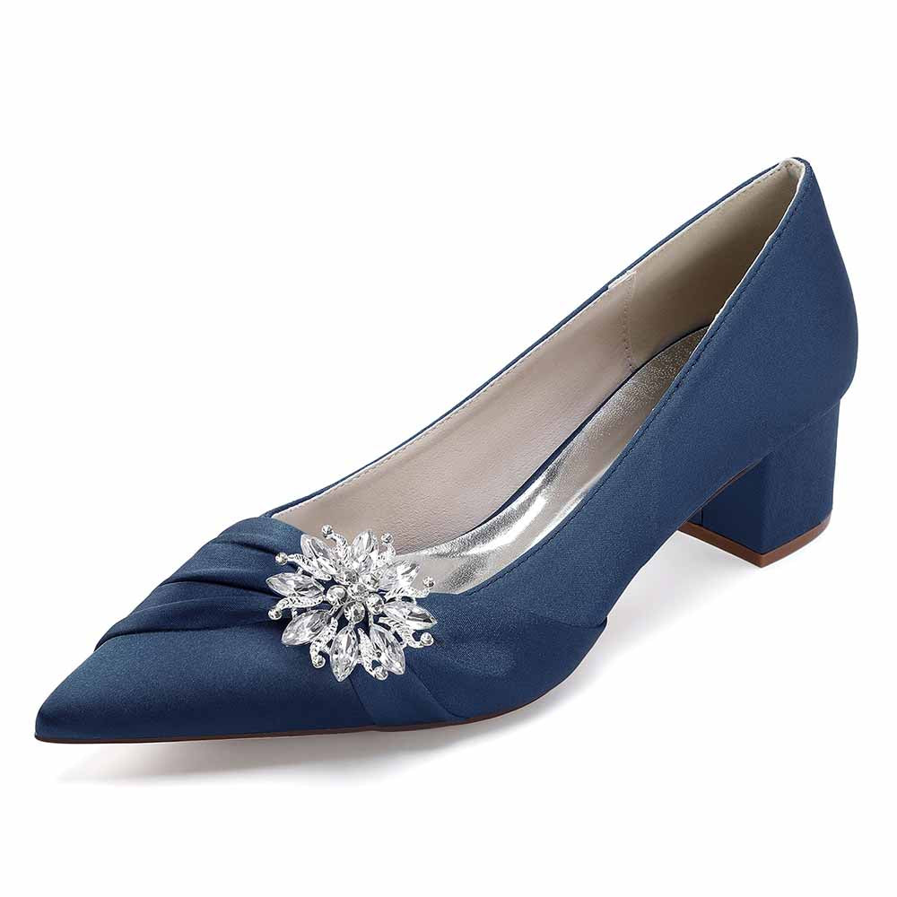 Elegant navy blue pointed toe wedding shoes for bride featuring a sparkly embellishment