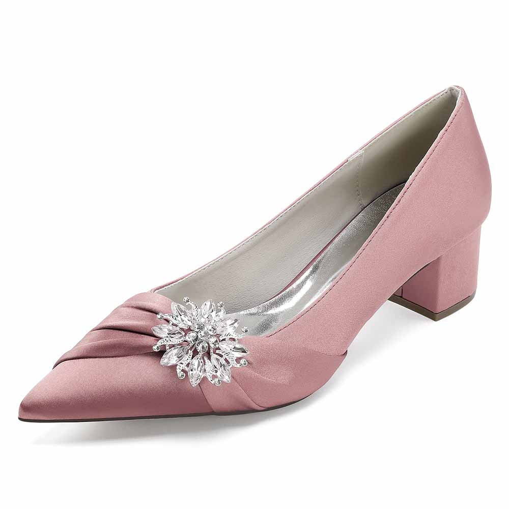 Elegant pointed toe wedding shoes for bride in pink satin with decorative crystal embellishment