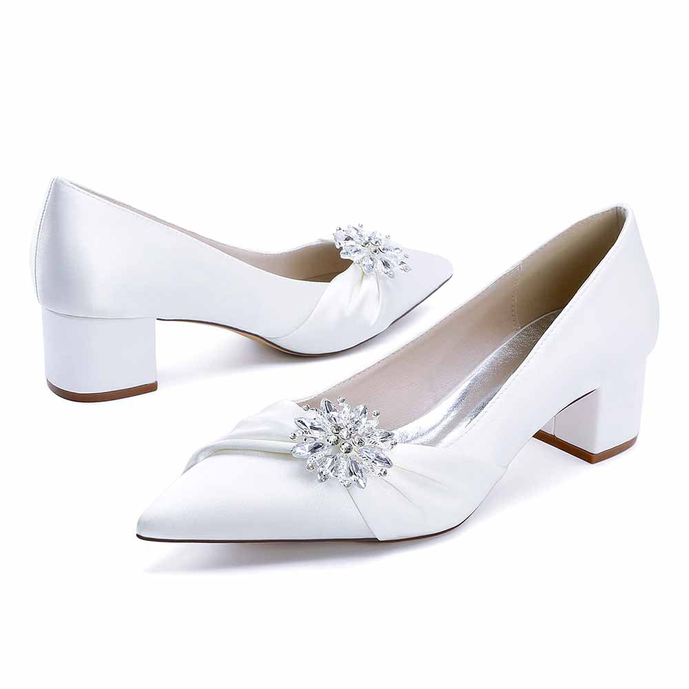 Elegant pointed toe wedding shoes for bride with jeweled embellishment and block heels