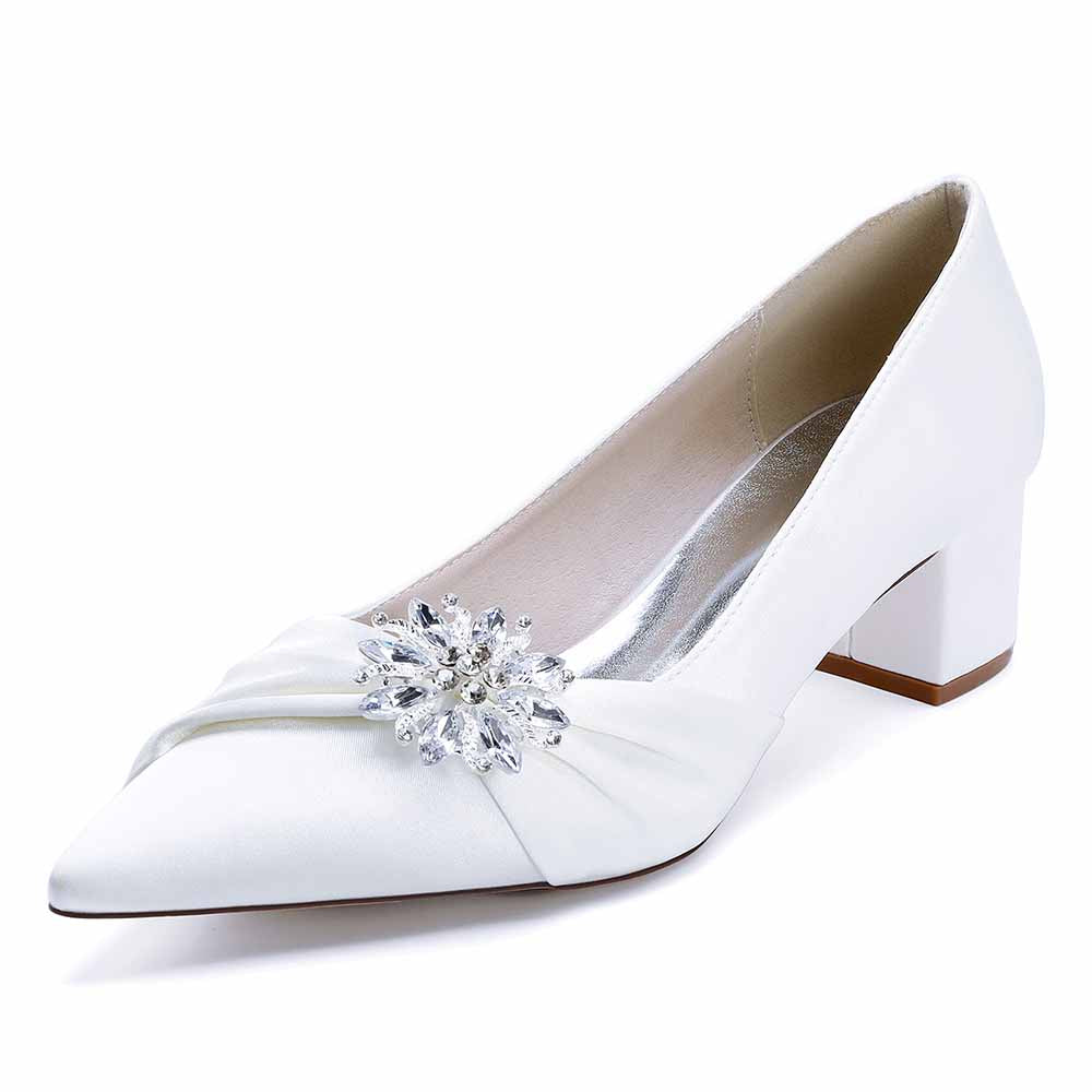 Elegant pointed toe wedding shoes for bride with a crystal embellishment and low block heel