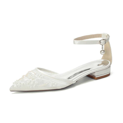 Women's Lace Bridal Shoes Pointed Toe Ankle Strap Flats Wedding Shoes
