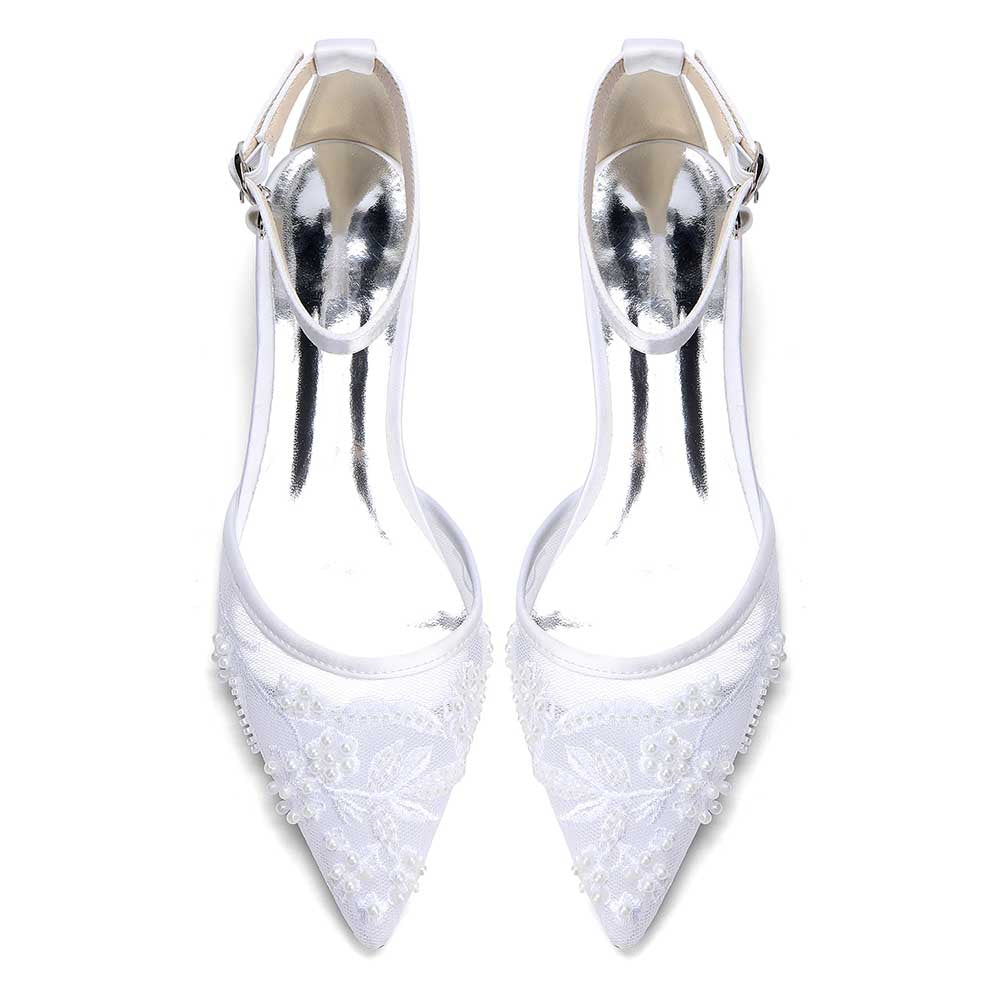 Women's Lace Bridal Shoes Pointed Toe Ankle Strap Flats Wedding Shoes