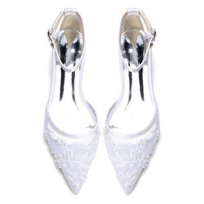 Women's Lace Bridal Shoes Pointed Toe Ankle Strap Flats Wedding Shoes
