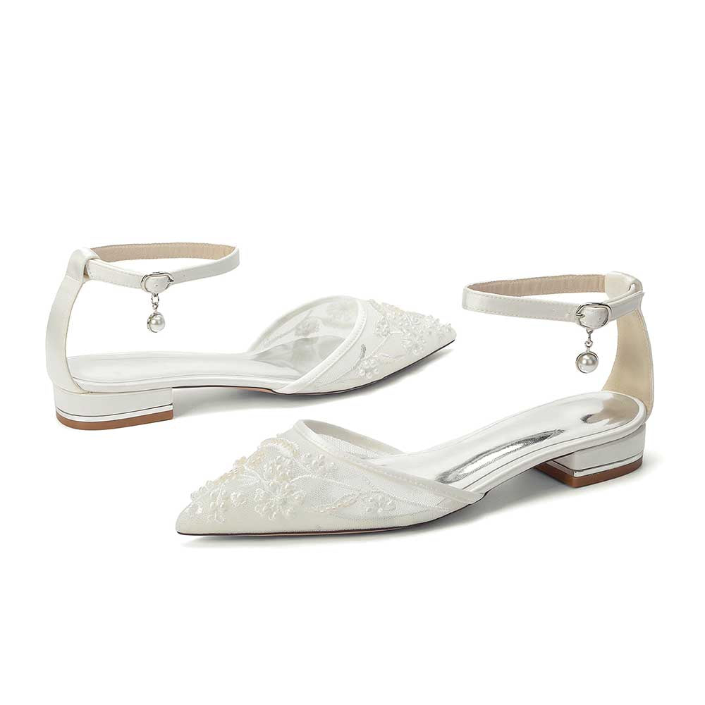 Women's Lace Bridal Shoes Pointed Toe Ankle Strap Flats Wedding Shoes