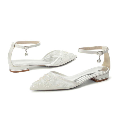 Women's Lace Bridal Shoes Pointed Toe Ankle Strap Flats Wedding Shoes