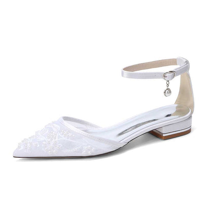 Women's Lace Bridal Shoes Pointed Toe Ankle Strap Flats Wedding Shoes