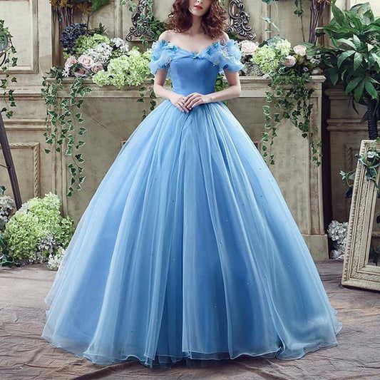 Off Shoulder Tulle Princess Beaded Charming Applique Backless Long Prom Dress