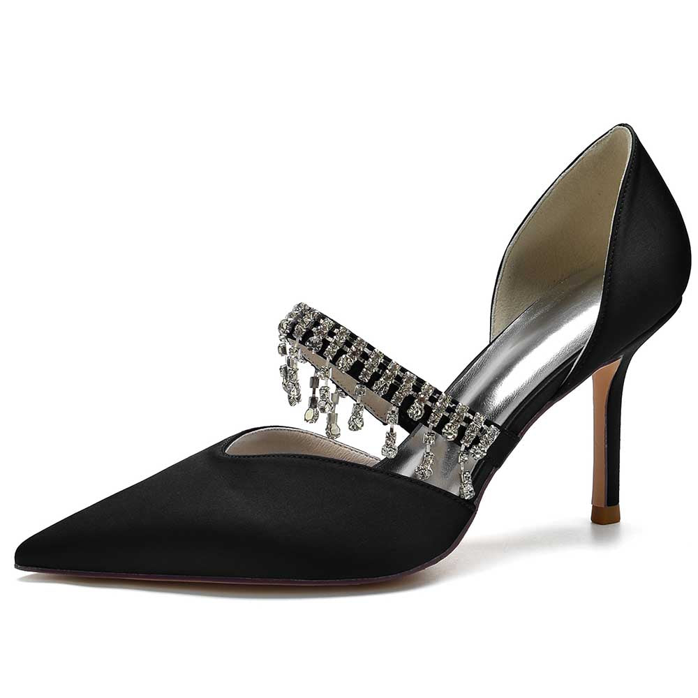Elegant black prom heels with crystals and a stylish pointed toe for formal occasions