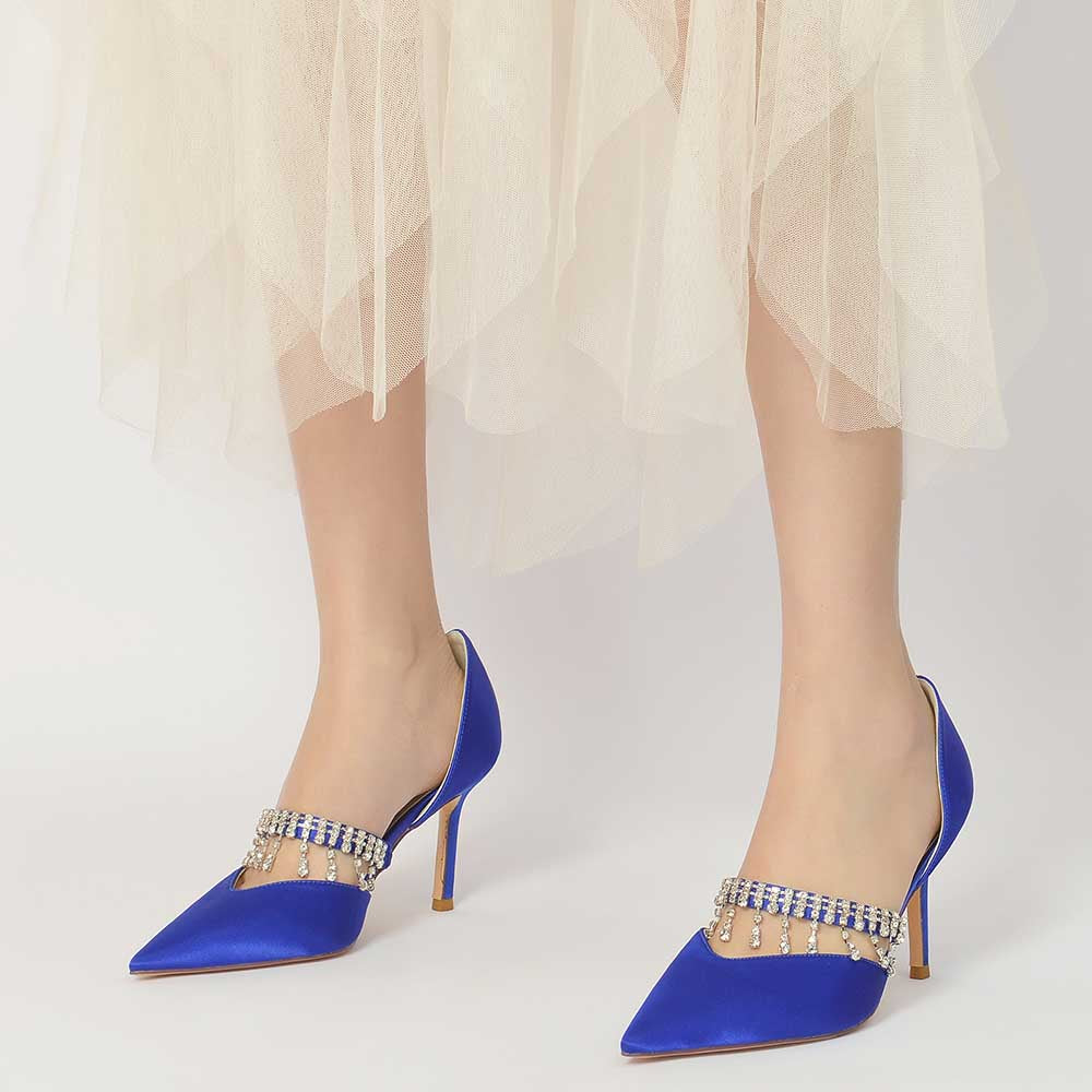 Elegant blue prom heels with crystals featuring a sleek pointed toe design for special occasions