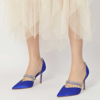 Elegant blue prom heels with crystals featuring a sleek pointed toe design for special occasions