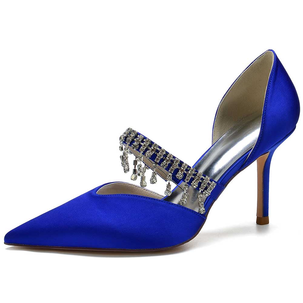 Elegant blue prom heels with crystals featuring a stylish pointed toe and delicate ankle straps