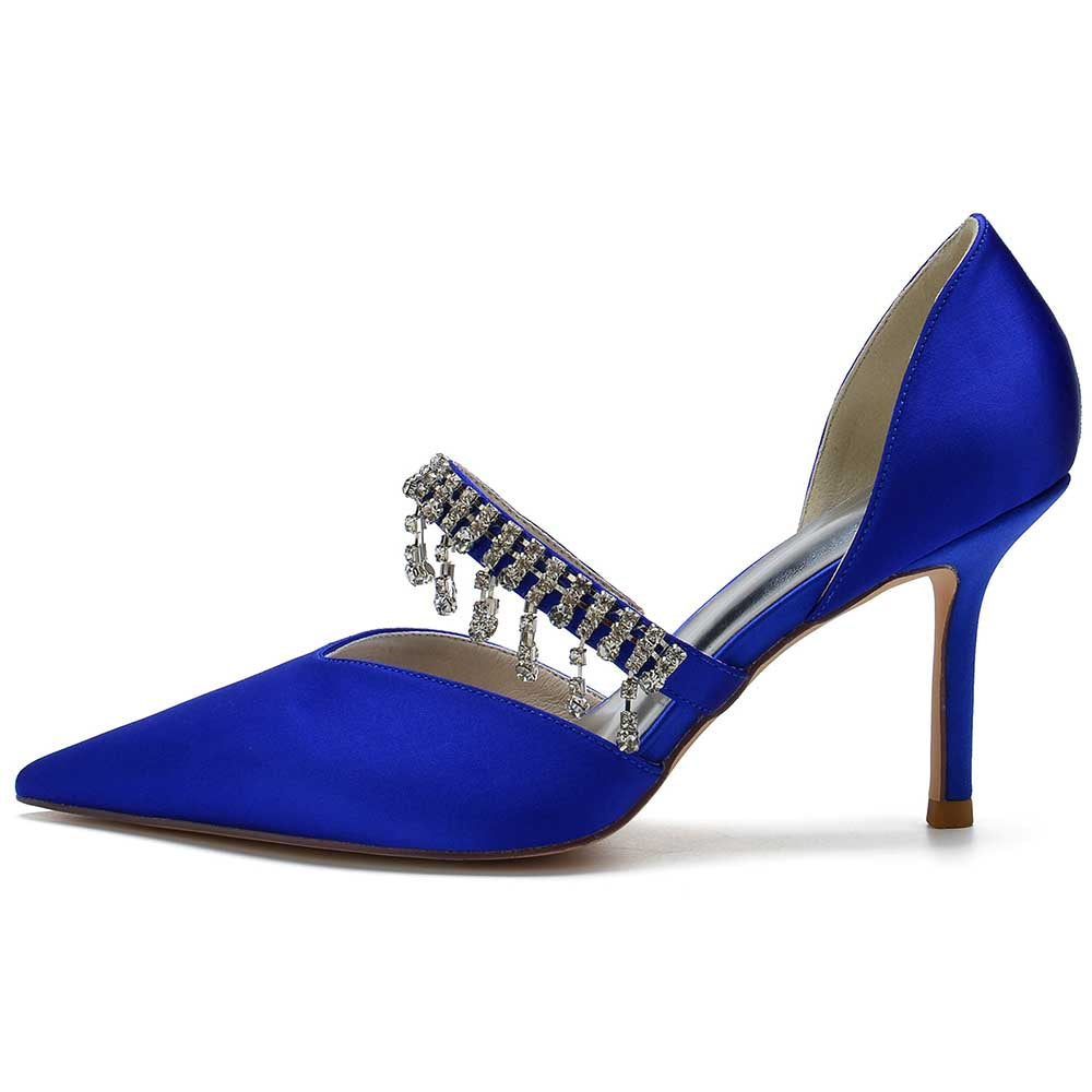 Elegant blue prom heels with crystals featuring a stylish pointed toe and high stiletto heel