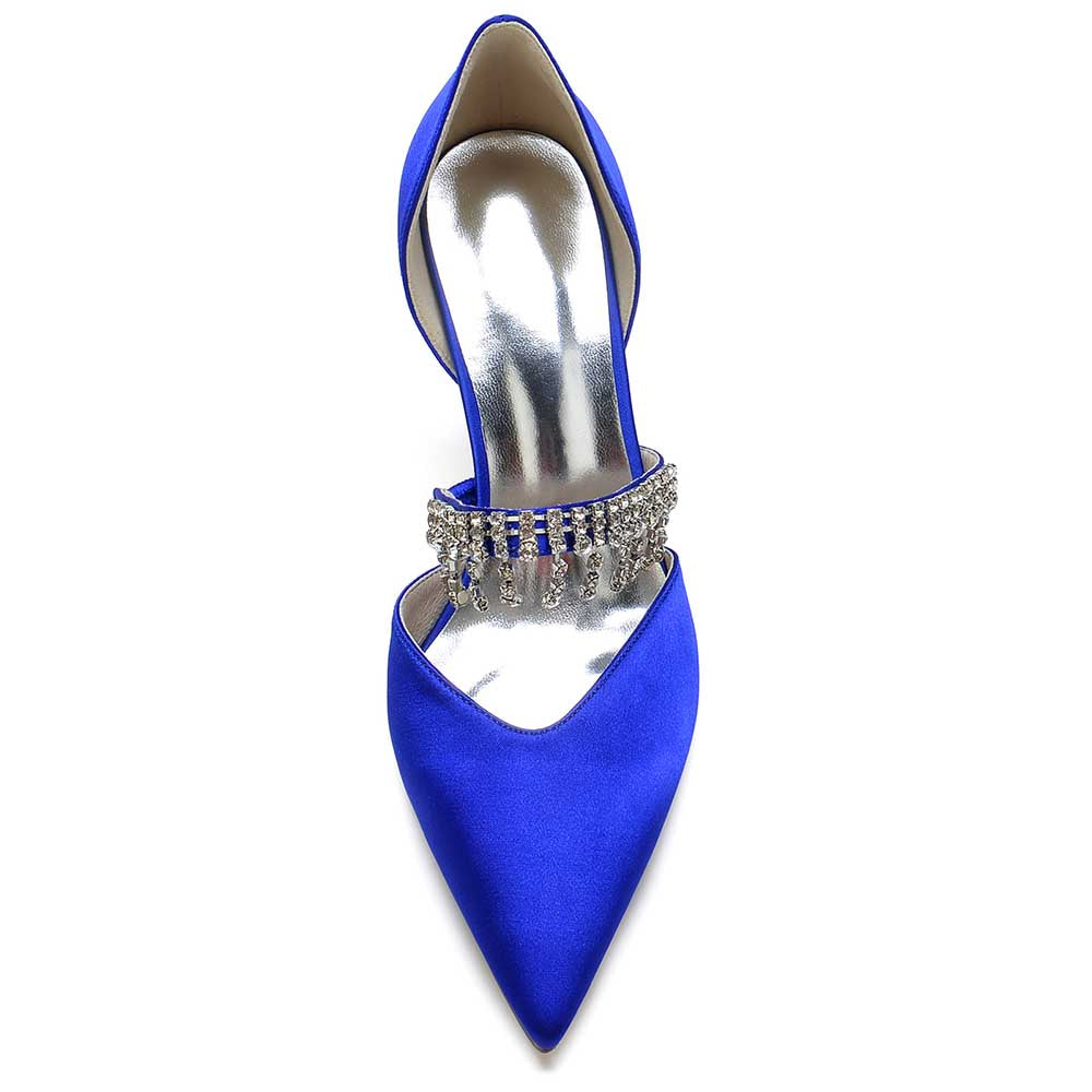 Elegant blue satin prom heels with crystals featuring a chic pointed toe design