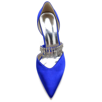 Elegant blue satin prom heels with crystals featuring a chic pointed toe design