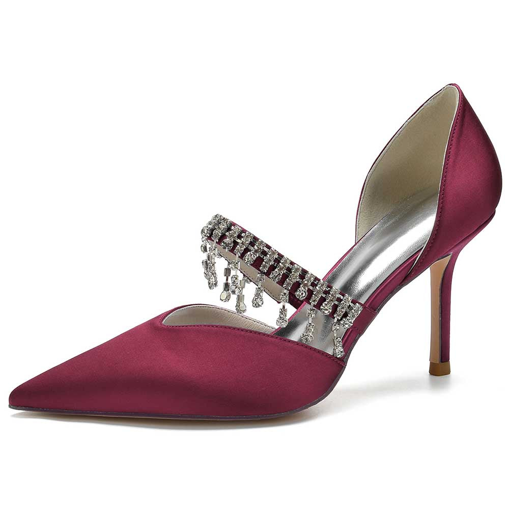 Elegant burgundy prom heels with crystals featuring a pointed toe and a stylish strap for a chic look