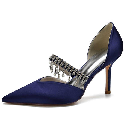 Elegant SD Dresscode prom heels with crystals in navy blue satin, featuring a stunning design and high heel