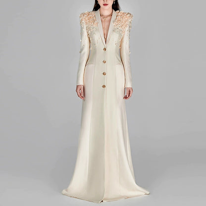 Womens Long Sleeves Gown Flower Detail Long Evening Dresses