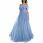 Sparkly Tulle Prom Dresses Off Shoulder Pleated Formal Evening Party Gowns