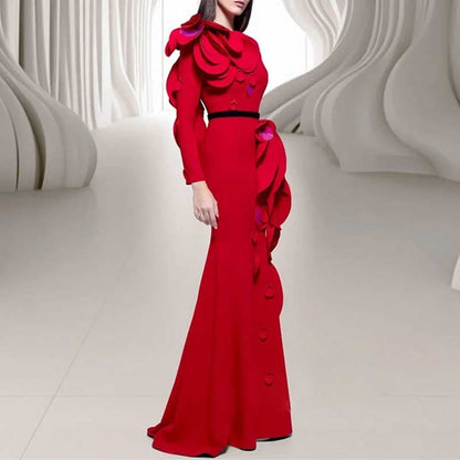 Womens Long Sleeves Gown Flower Detail Long Formal Dresses