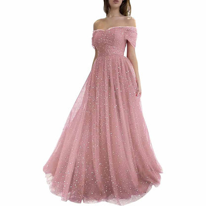 Sparkly Tulle Prom Dresses Off Shoulder Pleated Formal Evening Party Gowns
