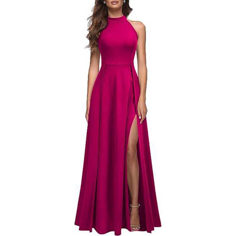 Halter Fitted Prom Dress Split Long Bridesmaid Dress