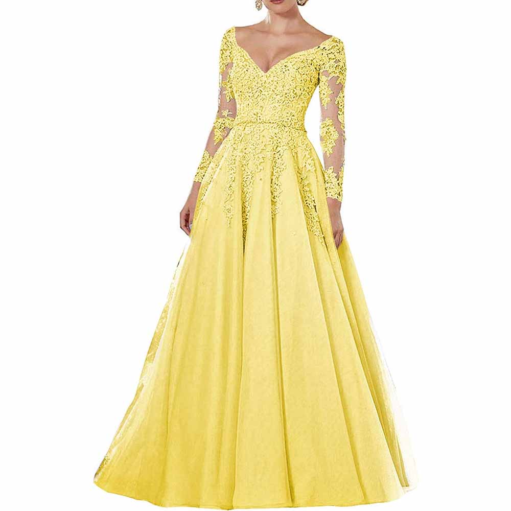 Women's Long Evening Dress Tulle V-neck Mother of the Bride Dress with Sleeves Formal Wedding Guest Dress