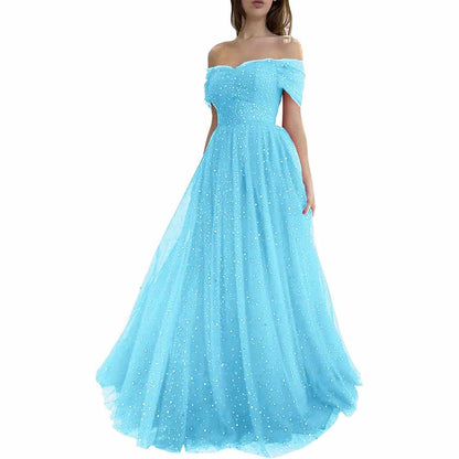 Sparkly Tulle Prom Dresses Off Shoulder Pleated Formal Evening Party Gowns