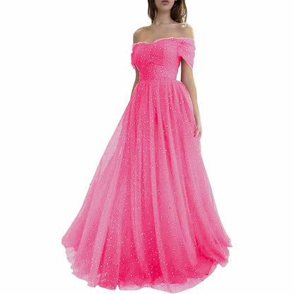 Sparkly Tulle Prom Dresses Off Shoulder Pleated Formal Evening Party Gowns