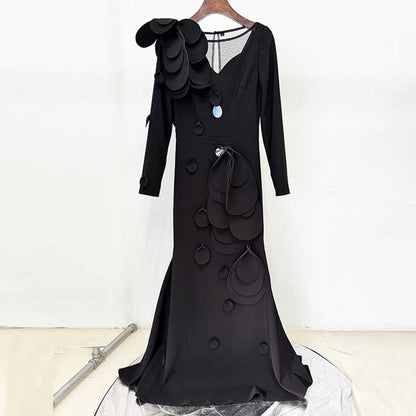 Womens Long Sleeves Gown Flower Detail Long Formal Dresses