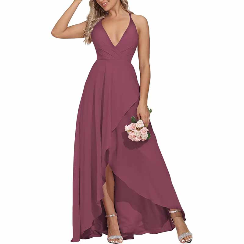 Women Chiffon Bridesmaid Dresses V Neck High Low Wedding Guest Dress Party Gown