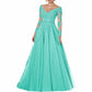 Women's Long Evening Dress Tulle V-neck Mother of the Bride Dress with Sleeves Formal Wedding Guest Dress