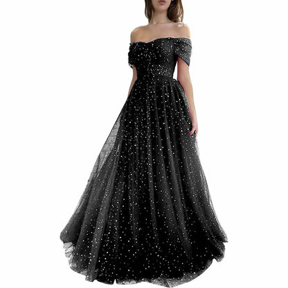 Sparkly Tulle Prom Dresses Off Shoulder Pleated Formal Evening Party Gowns