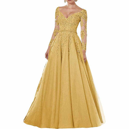 Women's Long Evening Dress Tulle V-neck Mother of the Bride Dress with Sleeves Formal Wedding Guest Dress
