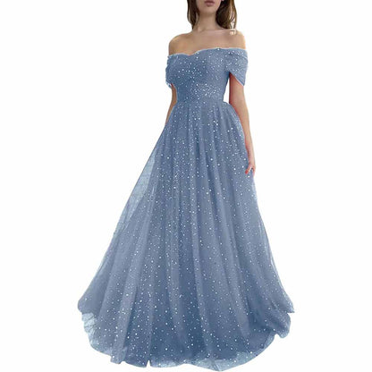 Sparkly Tulle Prom Dresses Off Shoulder Pleated Formal Evening Party Gowns