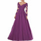 Women's Long Evening Dress Tulle V-neck Mother of the Bride Dress with Sleeves Formal Wedding Guest Dress