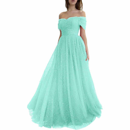 Sparkly Tulle Prom Dresses Off Shoulder Pleated Formal Evening Party Gowns