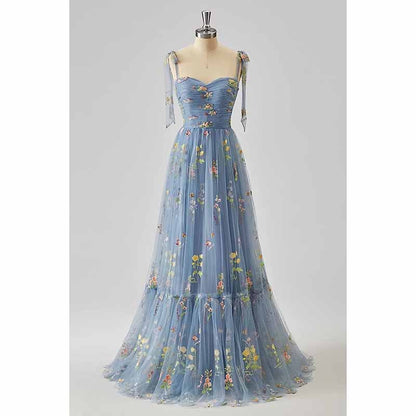 Womens Flower Embroidery Tulle Prom Dress Formal Evening Party Gowns