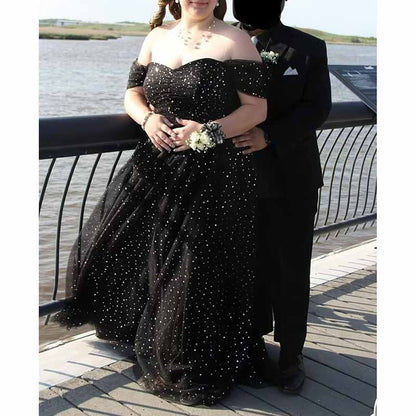 Sparkly Tulle Prom Dresses Off Shoulder Pleated Formal Evening Party Gowns